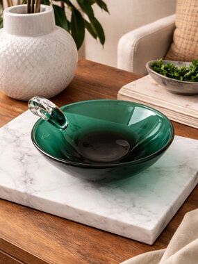 Vintage emerald green hand blown Art glass bowl signed studio decorative piece